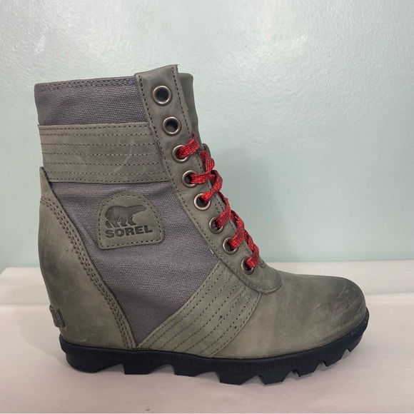 Sorel Lexi Wedge Boot Leather Lace‎ Up Gray Sz 7.5 - Picture 1 of 12